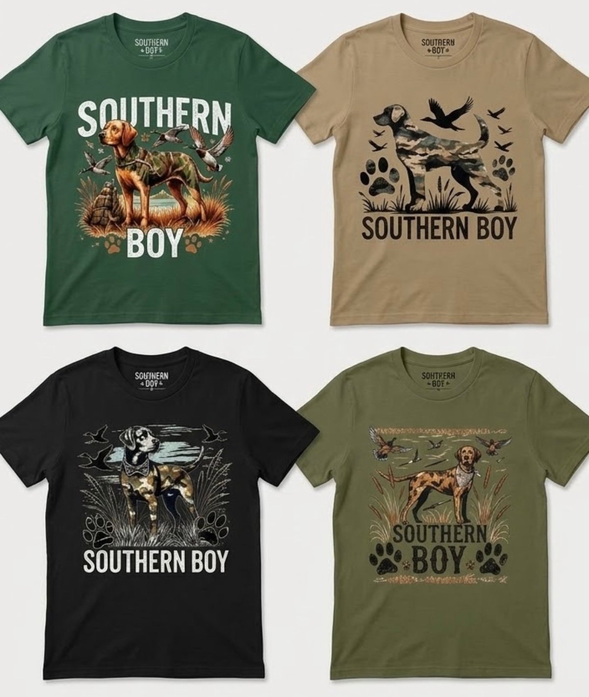 Four graphic t-shirts in green, tan, black, and olive featuring Southern Boy designs with hunting and wildlife imagery